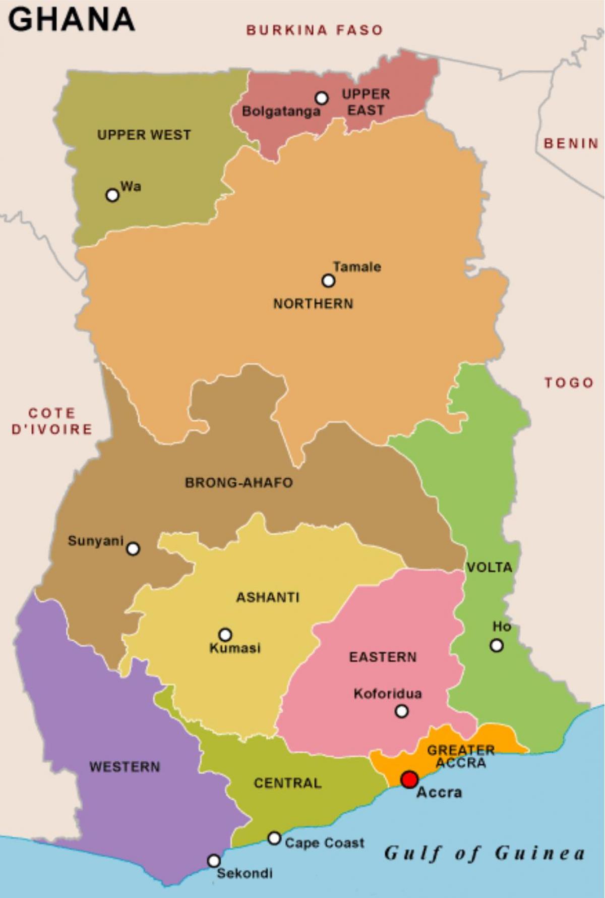 ghana kaart ja piirkonnad